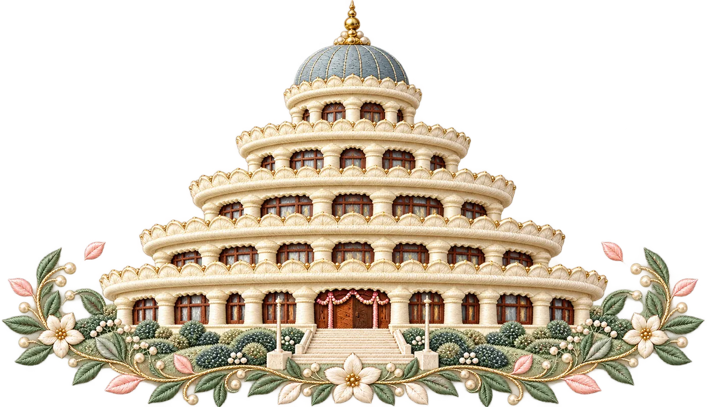 Embroidered Vishalakshi Mantap with its dome, tiers and front stairway